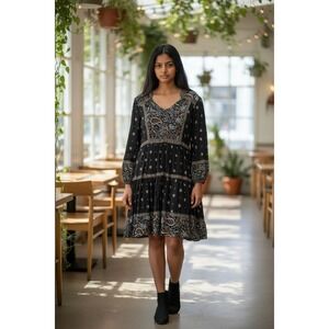 Style & Co Black Multicolor Paisley Long Sleeve Knee Length A-Line Shift Dress L